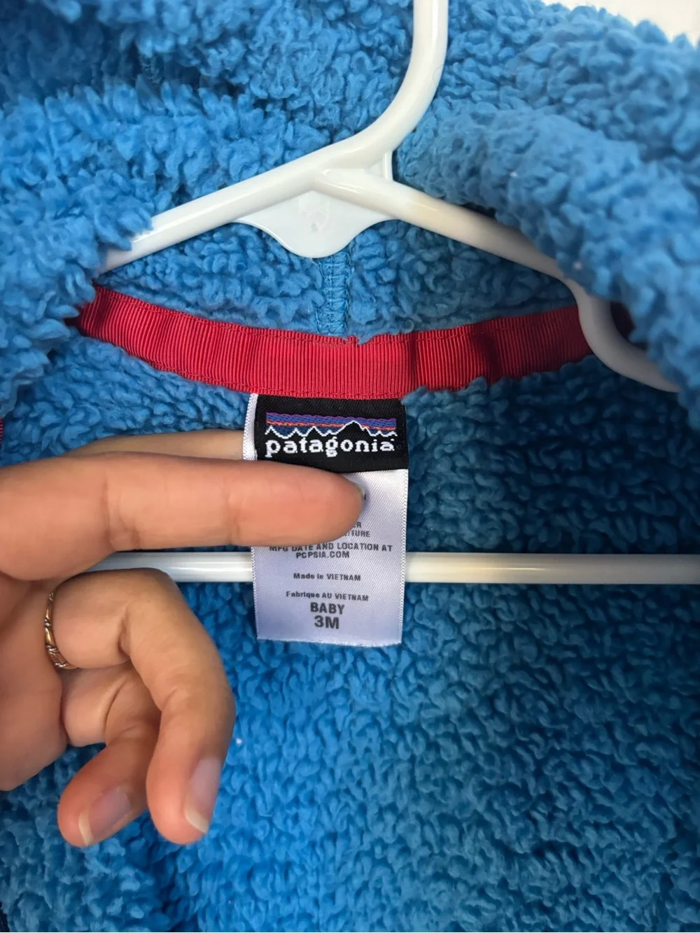 Patagonia Baby Fleece Bunting Size 3M Blue Red Hooded Footed